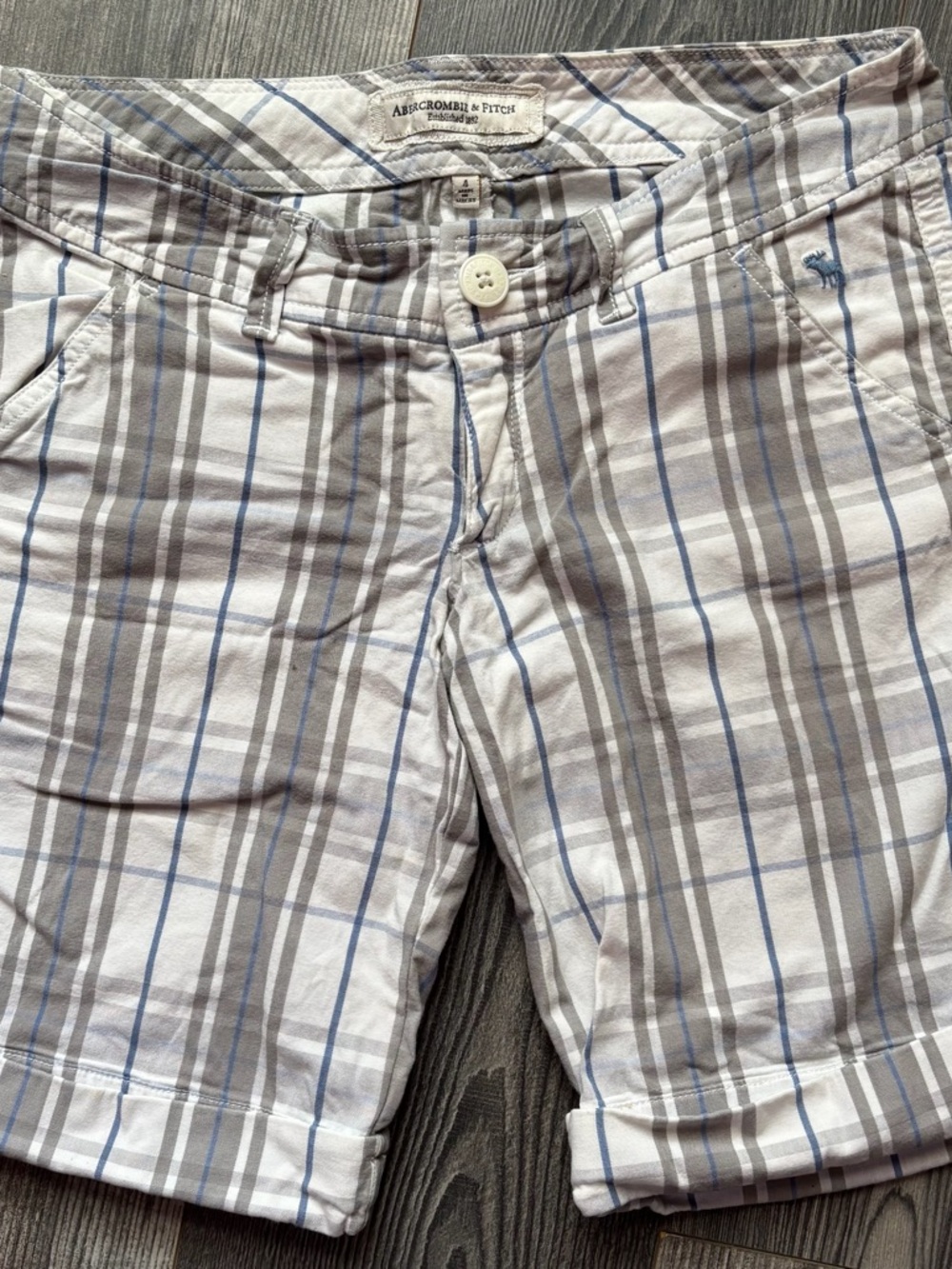 Abercrombie & Fitch White Plaid Cotton Shorts with Blue & Gray Stripes